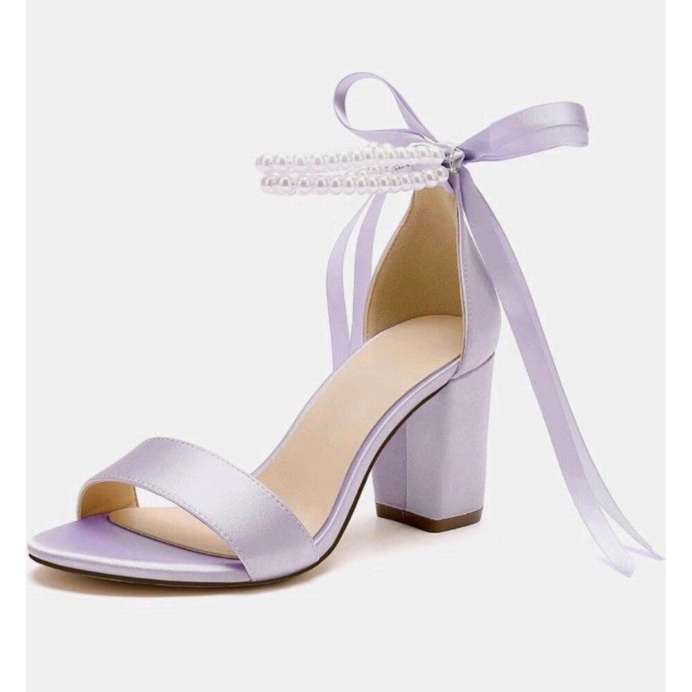 Lavender Satin Pearl Bow Ankle Strap Block Heel Sandals Size 5 NIB